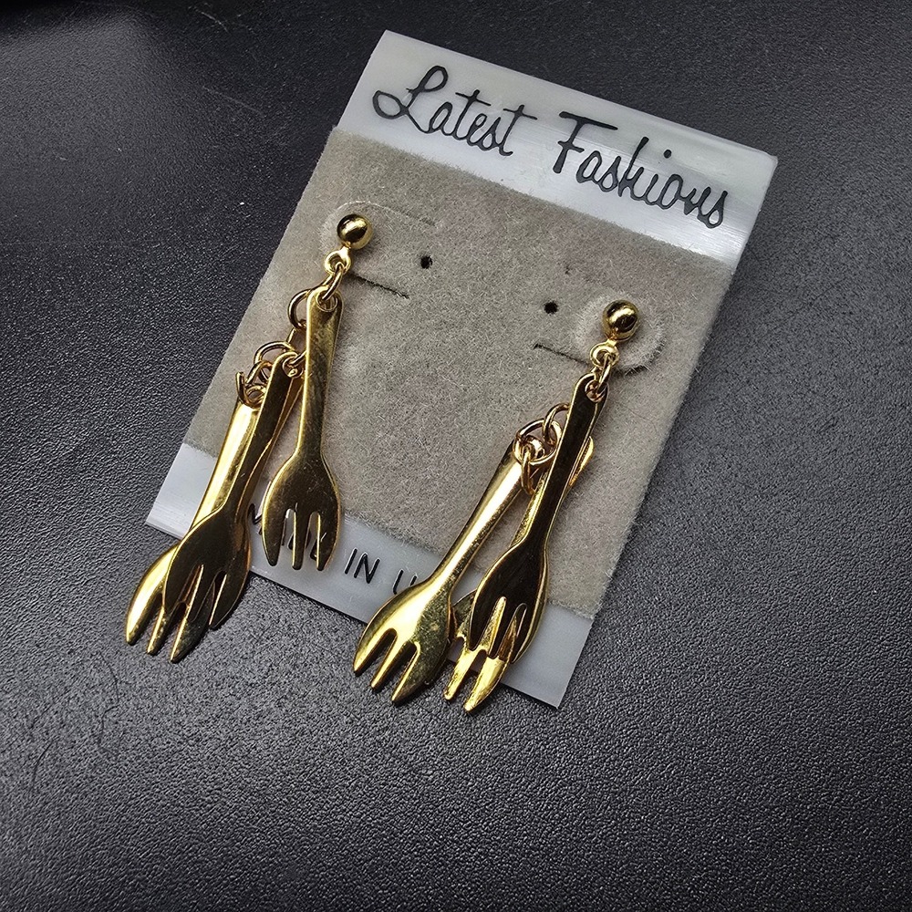 Gold Tone Fork Charm Earrings Utensils Vintage 1990s NOS On Card